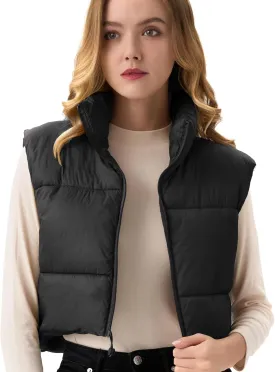 Women's Cropped Puffer Vest Lightweight Sleeveless Warm Vests For Women Winter Stand Collar Padded Gilet