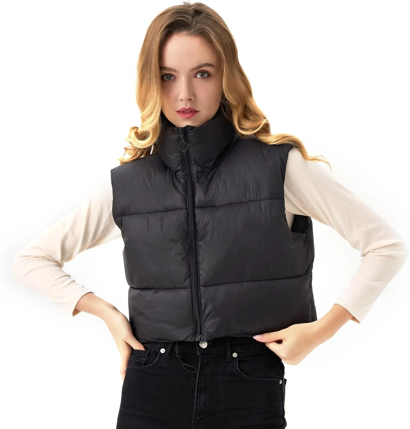 Women's Cropped Puffer Vest Lightweight Sleeveless Warm Vests For Women Winter Stand Collar Padded Gilet