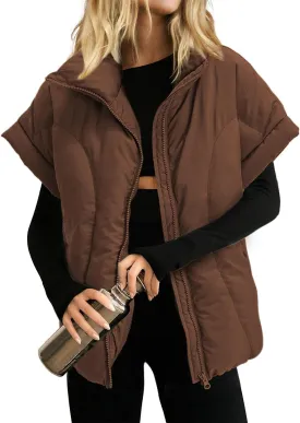 Womens Cropped Puffer Vest Oversized Padded Jackets Stand Collar Cap Sleeve Zip Up Vest Coat Winter Outfits
