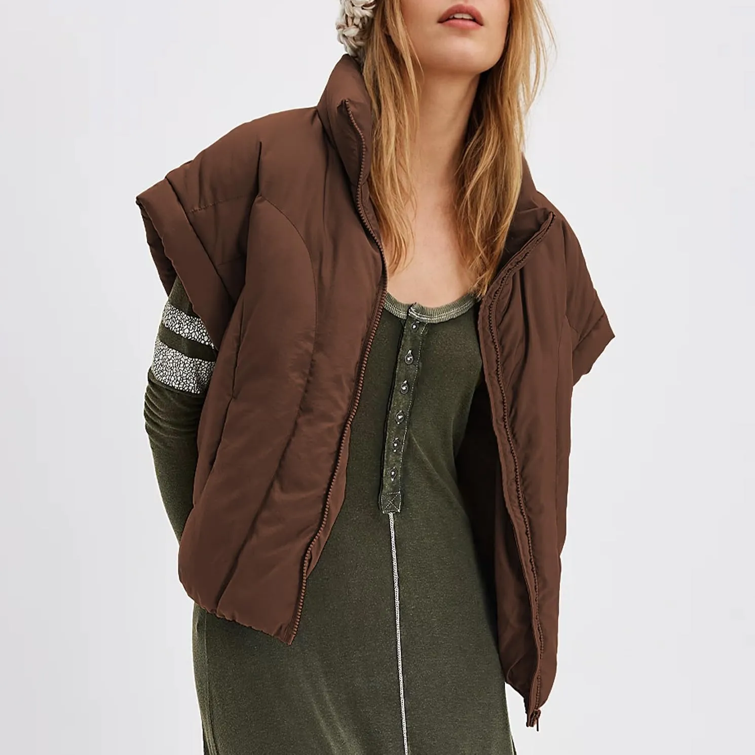 Womens Cropped Puffer Vest Oversized Padded Jackets Stand Collar Cap Sleeve Zip Up Vest Coat Winter Outfits