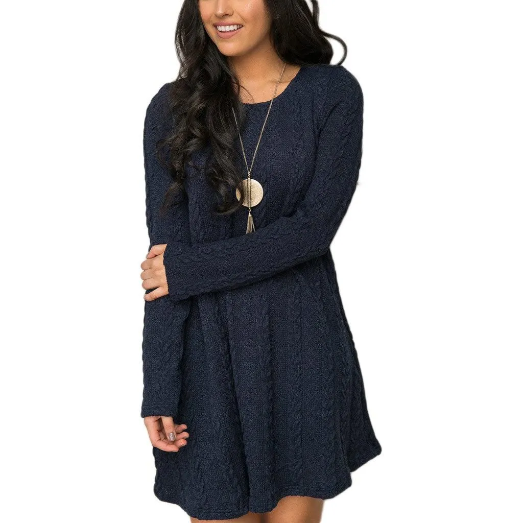 Womens Knitted Crewneck Sweater Dress