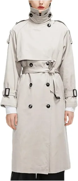 Women's Long Trench Coat Long Sleeve Lapel Double-Breasted Belted Slim Overcoat With Belt