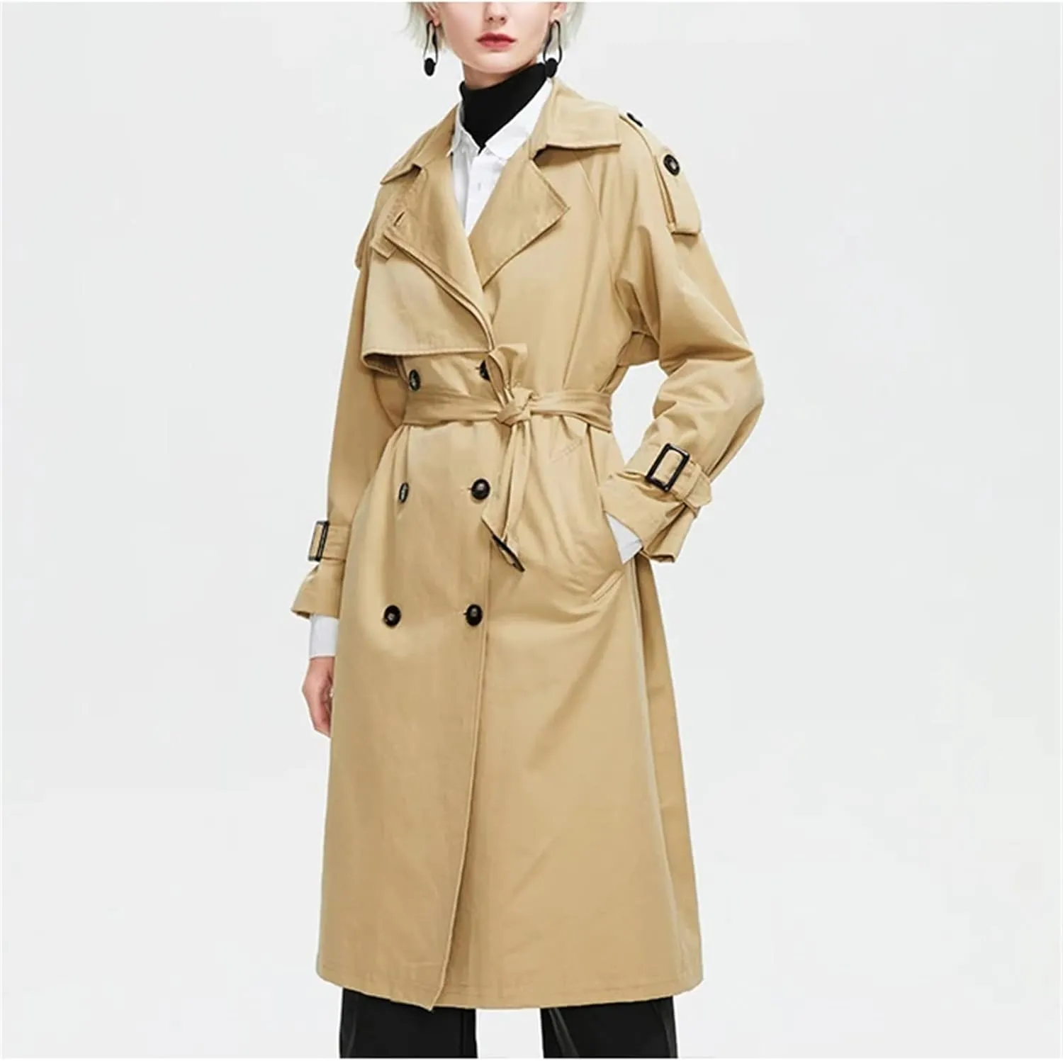 Women's Long Trench Coat Long Sleeve Lapel Double-Breasted Belted Slim Overcoat With Belt