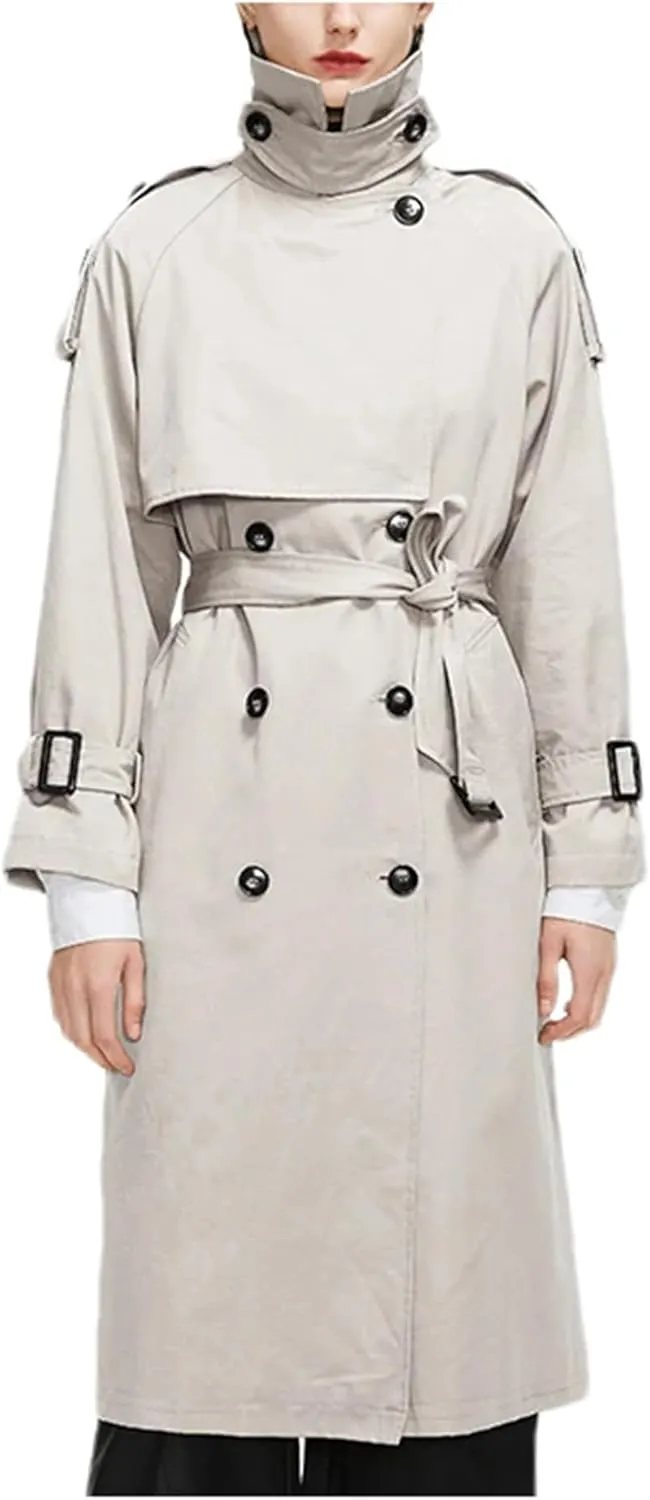 Women's Long Trench Coat Long Sleeve Lapel Double-Breasted Belted Slim Overcoat With Belt