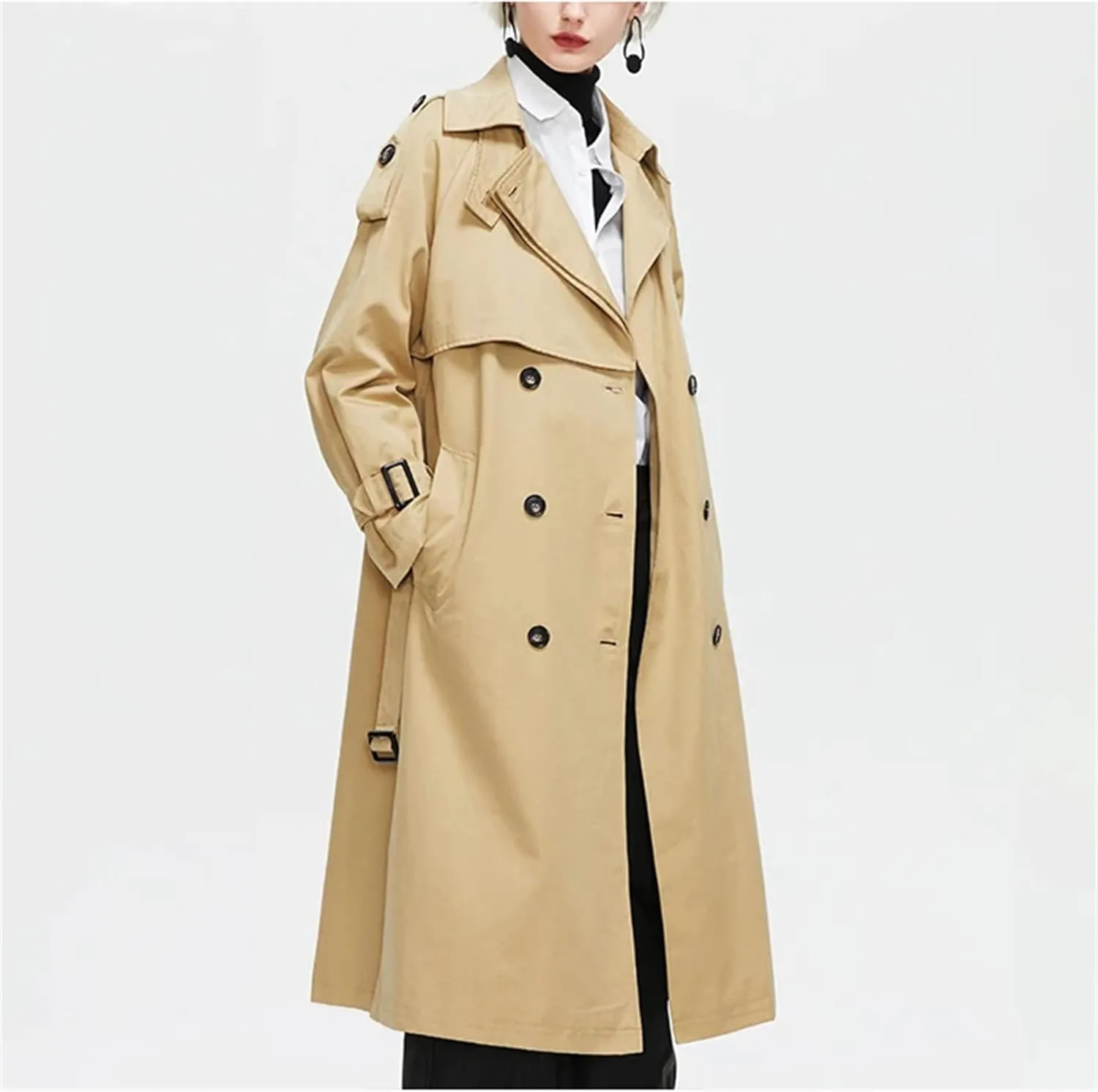 Women's Long Trench Coat Long Sleeve Lapel Double-Breasted Belted Slim Overcoat With Belt