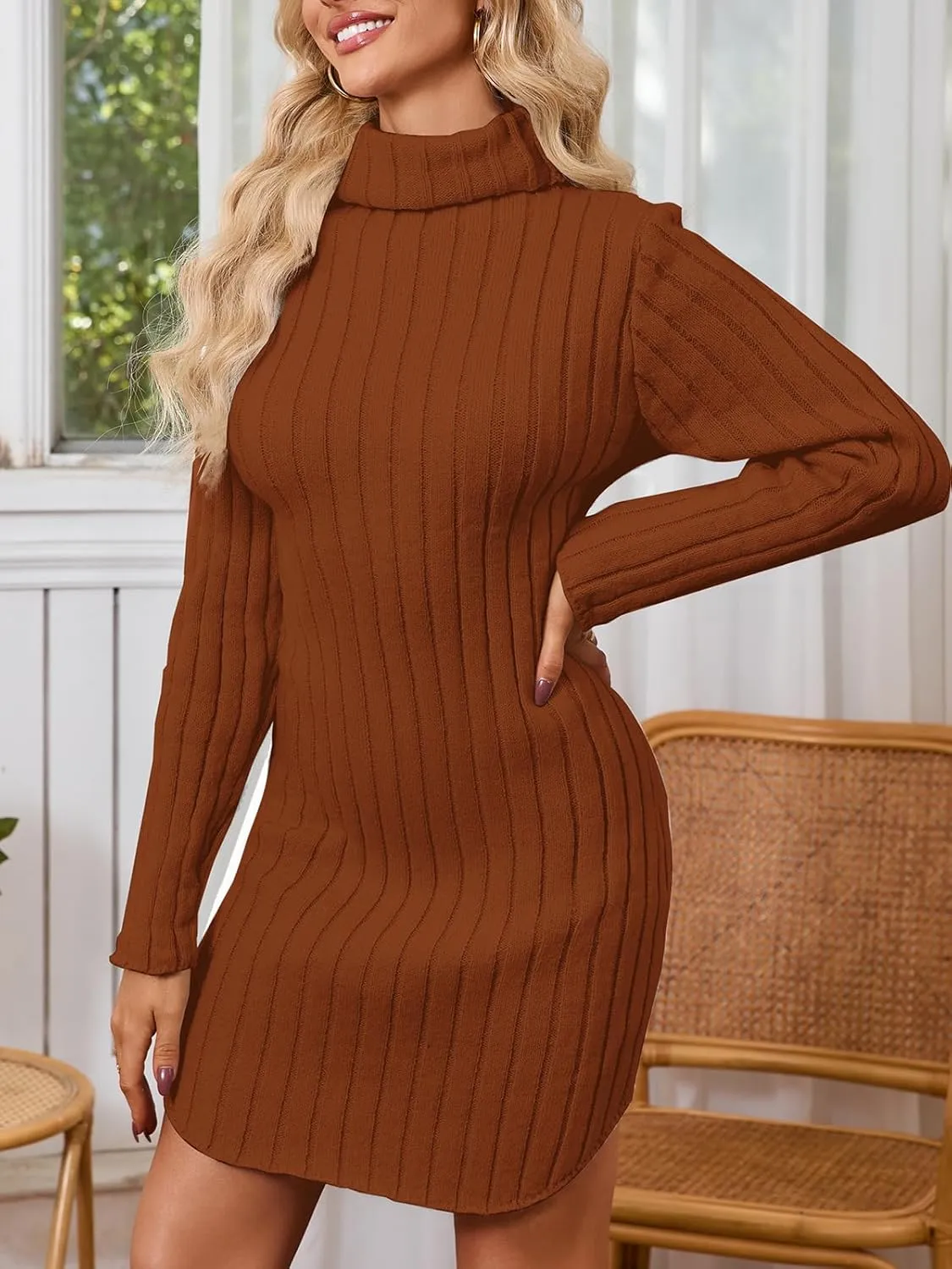 Women's Mock Neck Ribbed Long Sleeve 2025 Spring Bodycon Pullover Cute Mini Sweater Dress Party Club Dress