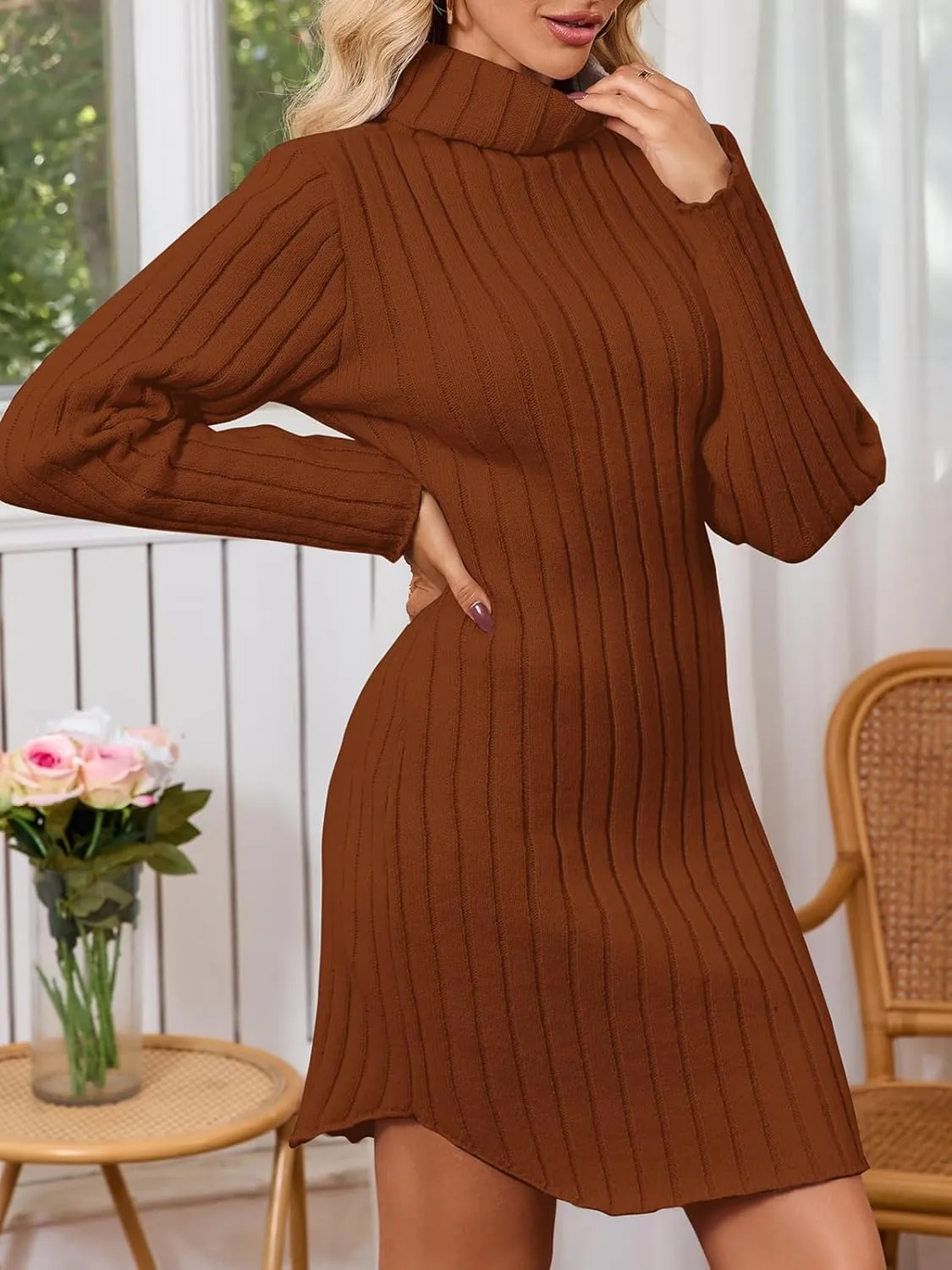 Women's Mock Neck Ribbed Long Sleeve 2025 Spring Bodycon Pullover Cute Mini Sweater Dress Party Club Dress