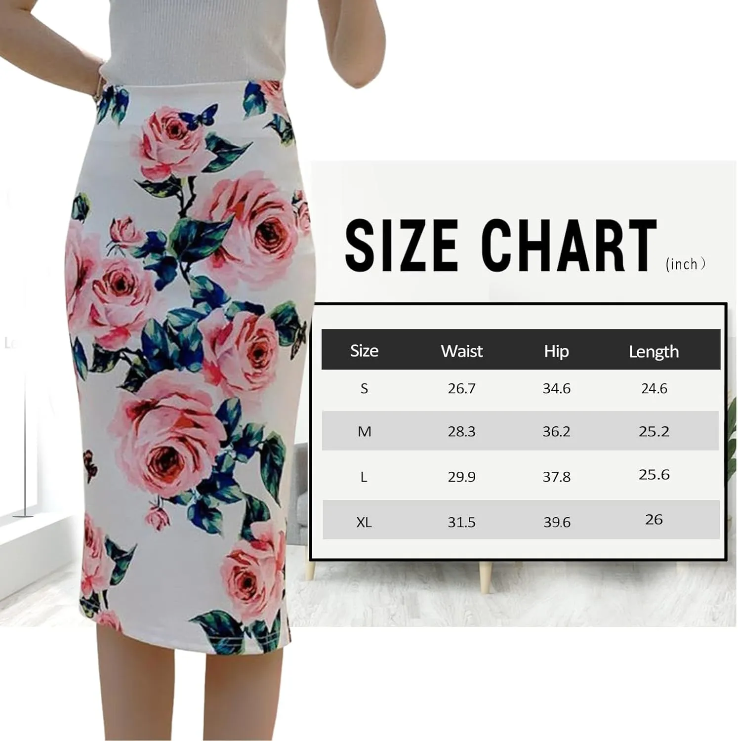Womens Print Midi Pencil Skirt High Waisted Stretch Office Straight Spit Skirt