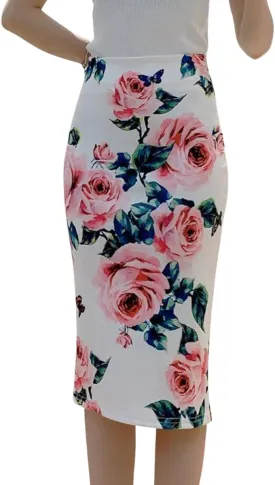 Womens Print Midi Pencil Skirt High Waisted Stretch Office Straight Spit Skirt