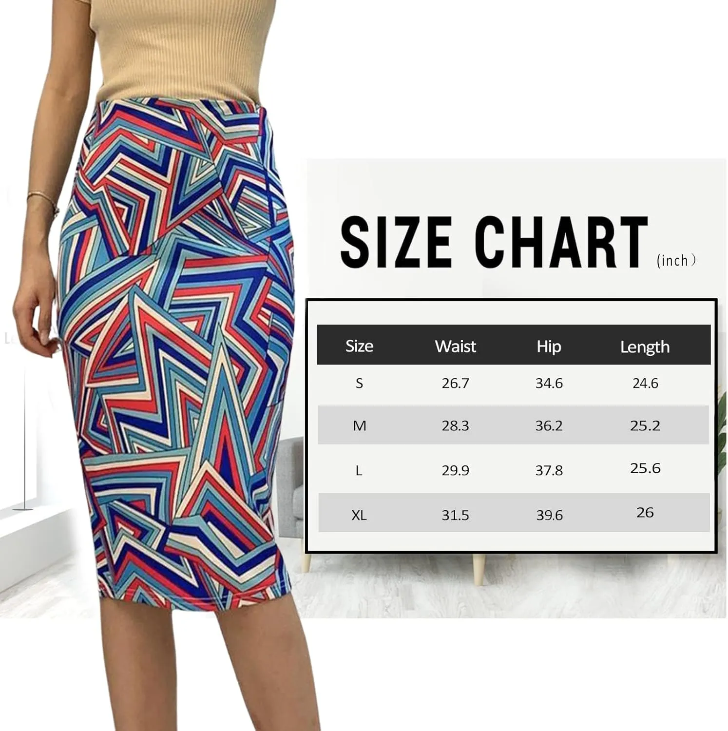 Womens Print Midi Pencil Skirt High Waisted Stretch Office Straight Spit Skirt