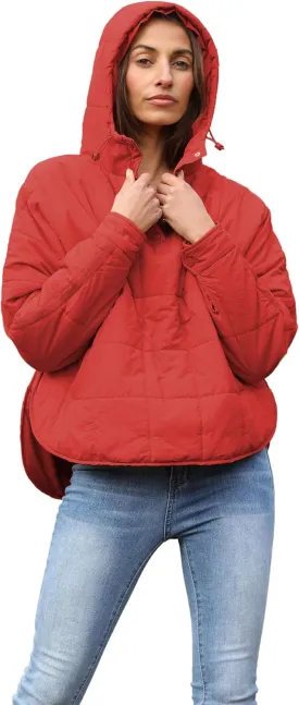 Women's Pullover Puffer Jacket Quilted Lightweight Dolman Sleeve Button Down Hooded Padded Coat with Pocket