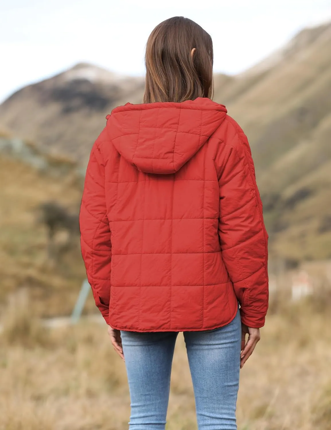 Women's Pullover Puffer Jacket Quilted Lightweight Dolman Sleeve Button Down Hooded Padded Coat with Pocket