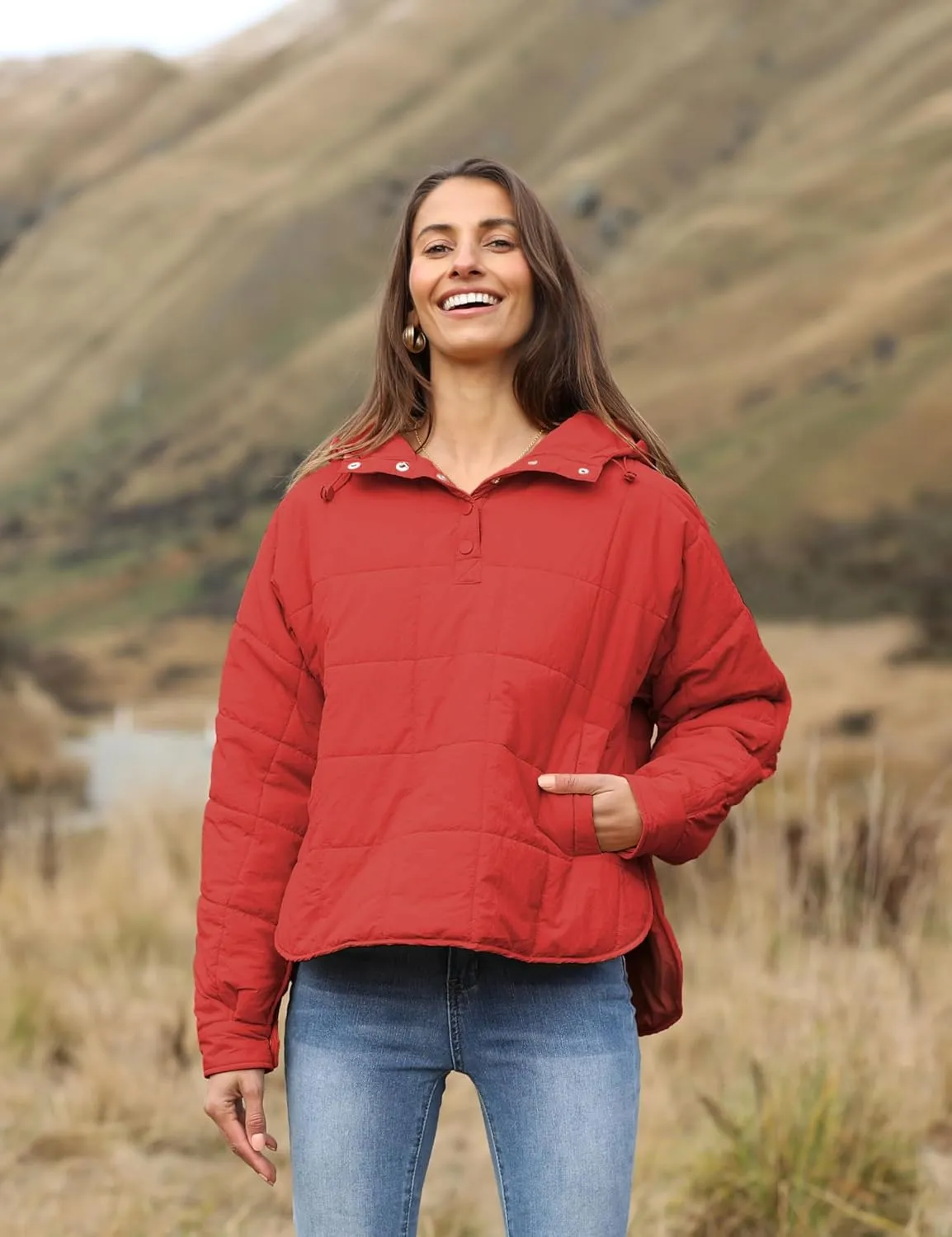 Women's Pullover Puffer Jacket Quilted Lightweight Dolman Sleeve Button Down Hooded Padded Coat with Pocket