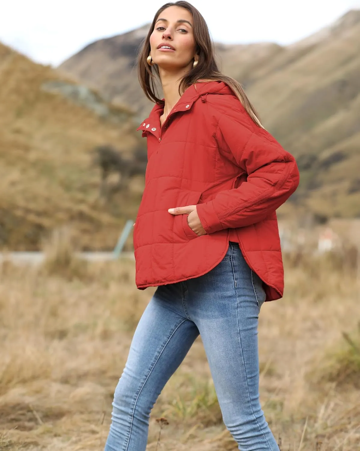Women's Pullover Puffer Jacket Quilted Lightweight Dolman Sleeve Button Down Hooded Padded Coat with Pocket