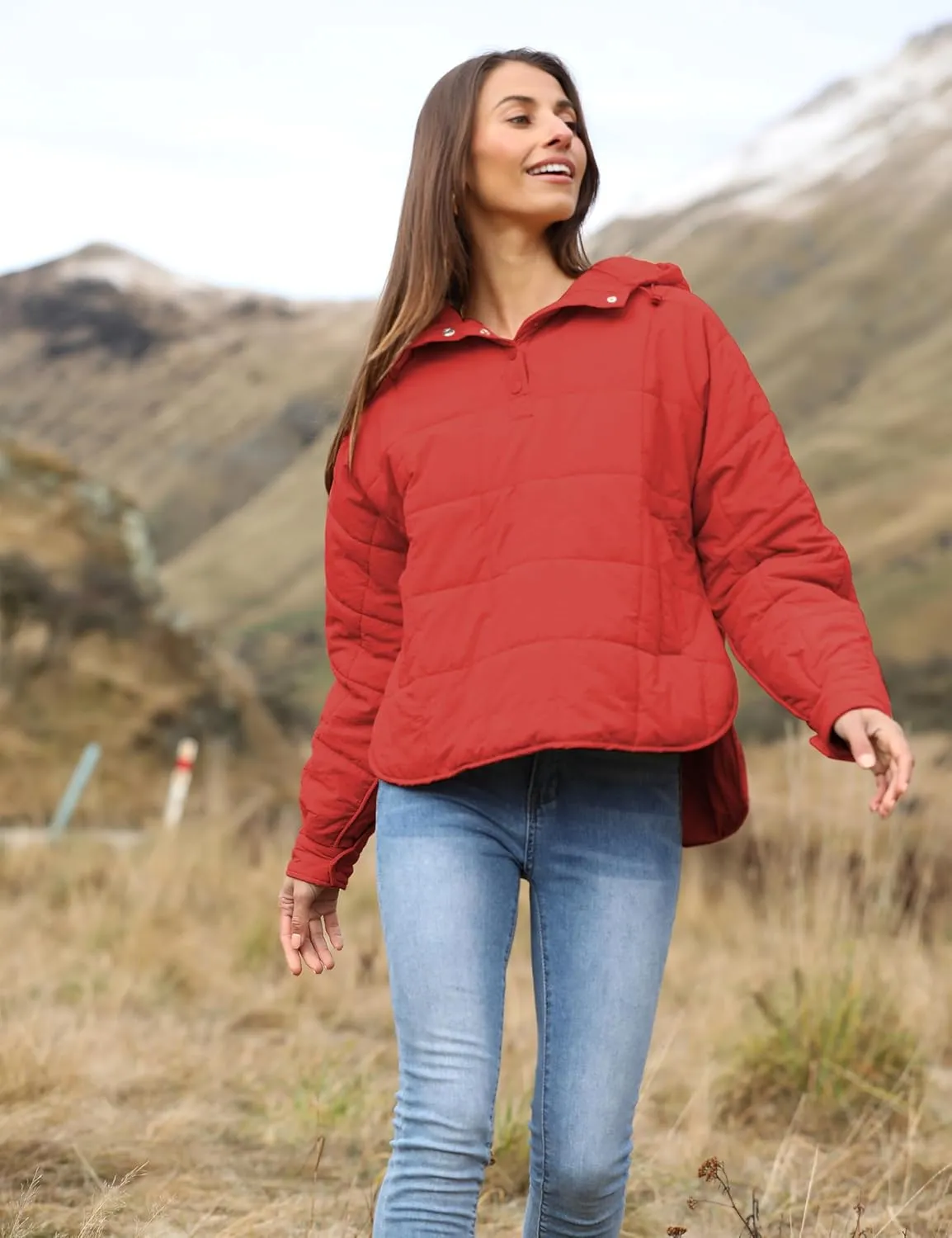 Women's Pullover Puffer Jacket Quilted Lightweight Dolman Sleeve Button Down Hooded Padded Coat with Pocket