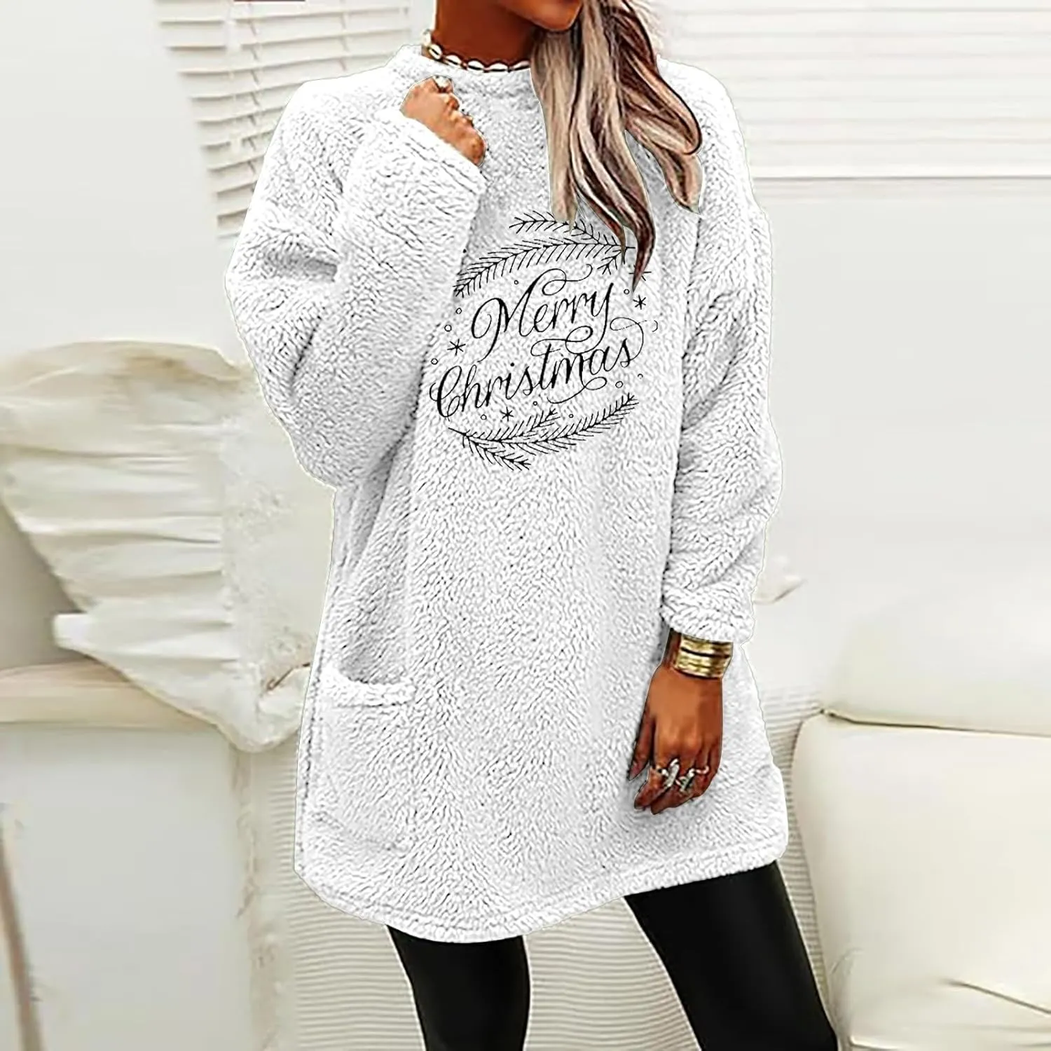Womens Sherpa Pullover Sweatshirt Funny Christmas Prnted Tops Oversized Long Sleeve Crewneck Warm Coat with Pockets