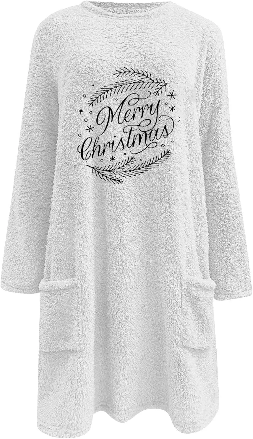 Womens Sherpa Pullover Sweatshirt Funny Christmas Prnted Tops Oversized Long Sleeve Crewneck Warm Coat with Pockets