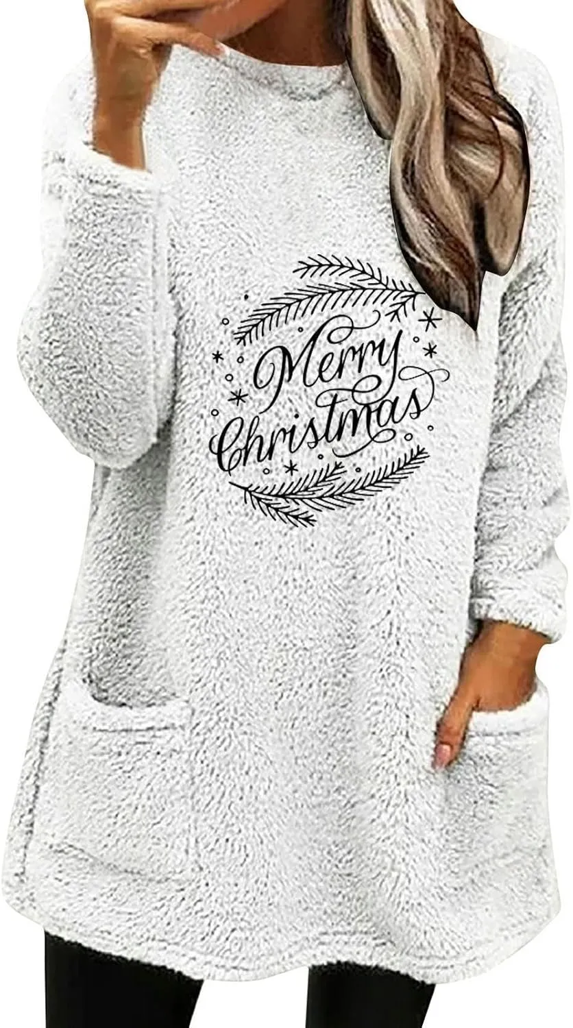 Womens Sherpa Pullover Sweatshirt Funny Christmas Prnted Tops Oversized Long Sleeve Crewneck Warm Coat with Pockets