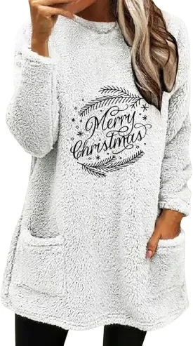 Womens Sherpa Pullover Sweatshirt Funny Christmas Prnted Tops Oversized Long Sleeve Crewneck Warm Coat with Pockets