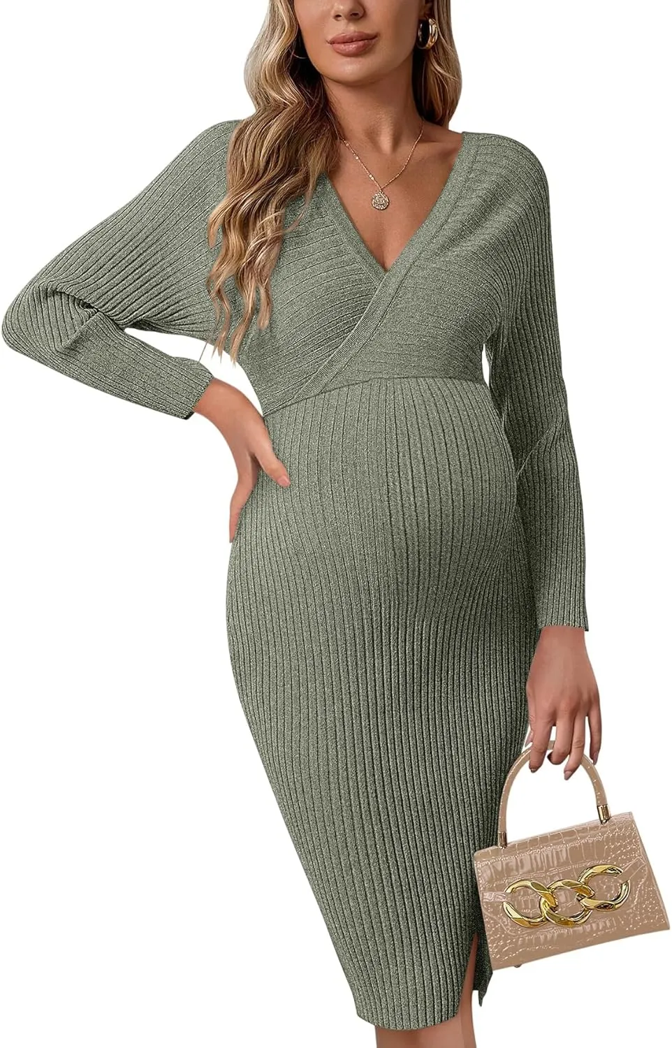 Wrap V Neck Maternity Sweater Dress Rib Knit Batwing Open Back Slit Pregnancy Dresses Baby Shower Photoshoot Outfit