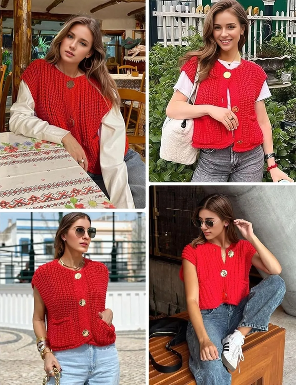 Wyeysyt Sweater Vest Women Sleeveless Crop Knit Cardigan Casual Button Down Cropped Knitted Sweater Vest with Pockets