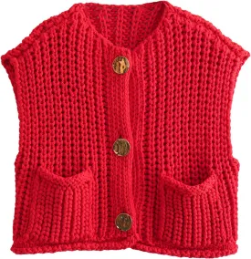 Wyeysyt Sweater Vest Women Sleeveless Crop Knit Cardigan Casual Button Down Cropped Knitted Sweater Vest with Pockets
