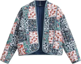 Wyeysyt Women's Cropped Puffer Quilted Jacket Cardigan Floral Printed Lightweight Long Sleeve Open Front Short Padded Coats