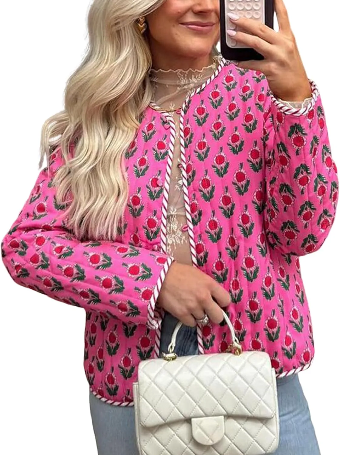 Yimoon Quilted Jackets for Women Reversible Floral Print Open Front Lightweight Cropped Puffer Jacket Outwear