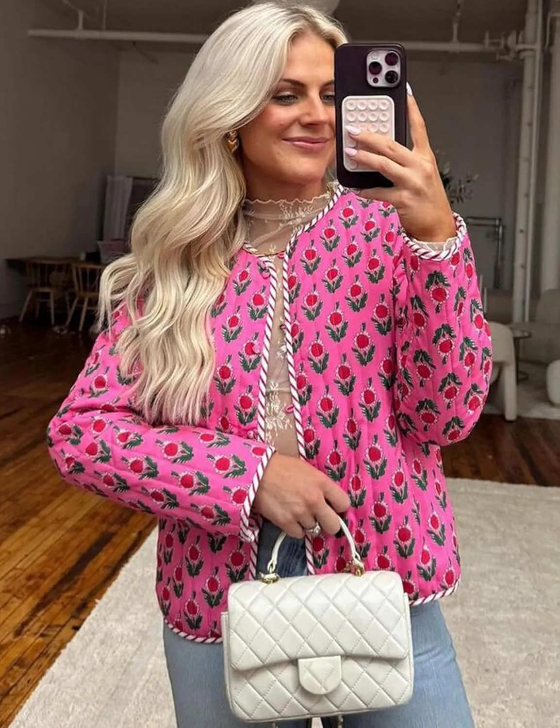 Yimoon Quilted Jackets for Women Reversible Floral Print Open Front Lightweight Cropped Puffer Jacket Outwear