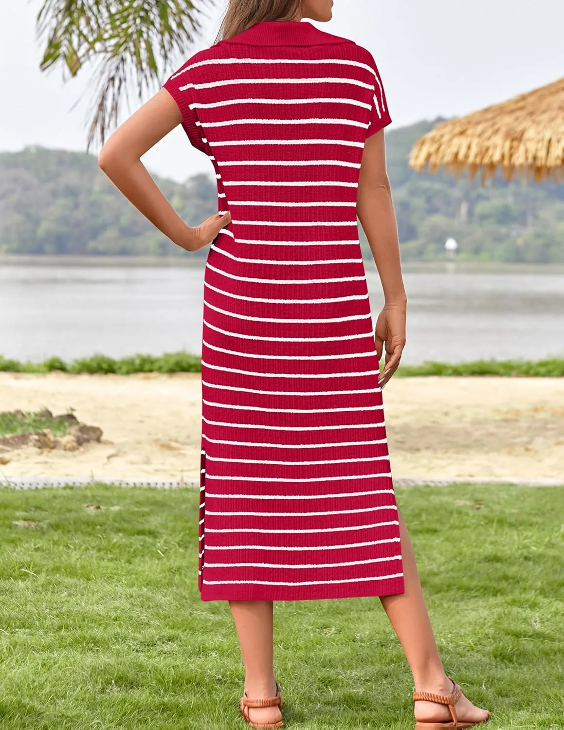 ZESICA Women's Summer Striped Midi Dress 2025 Casual Short Sleeve V Neck Loose Knitted Side Slit Long Sweater Dresses