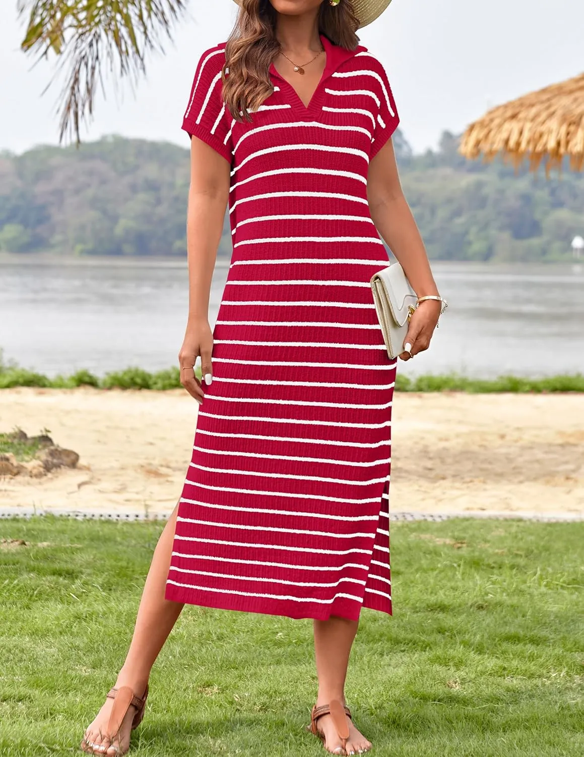 ZESICA Women's Summer Striped Midi Dress 2025 Casual Short Sleeve V Neck Loose Knitted Side Slit Long Sweater Dresses