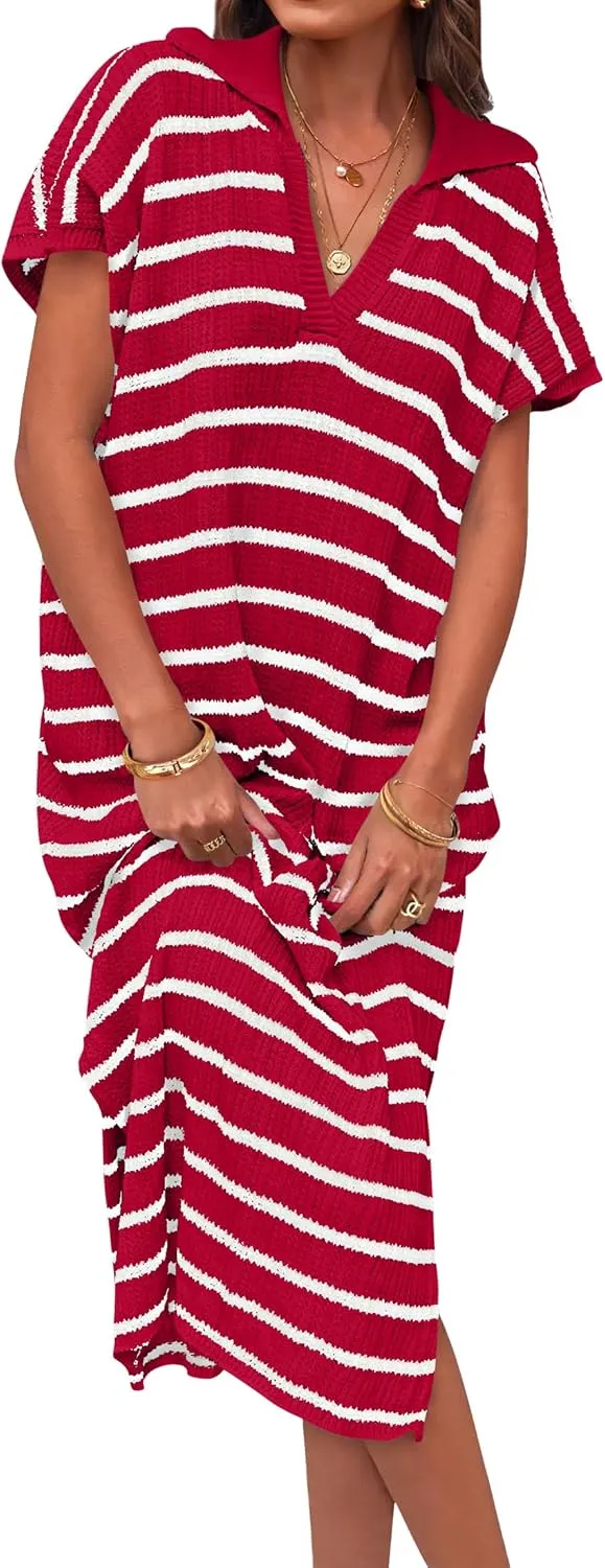 ZESICA Women's Summer Striped Midi Dress 2025 Casual Short Sleeve V Neck Loose Knitted Side Slit Long Sweater Dresses