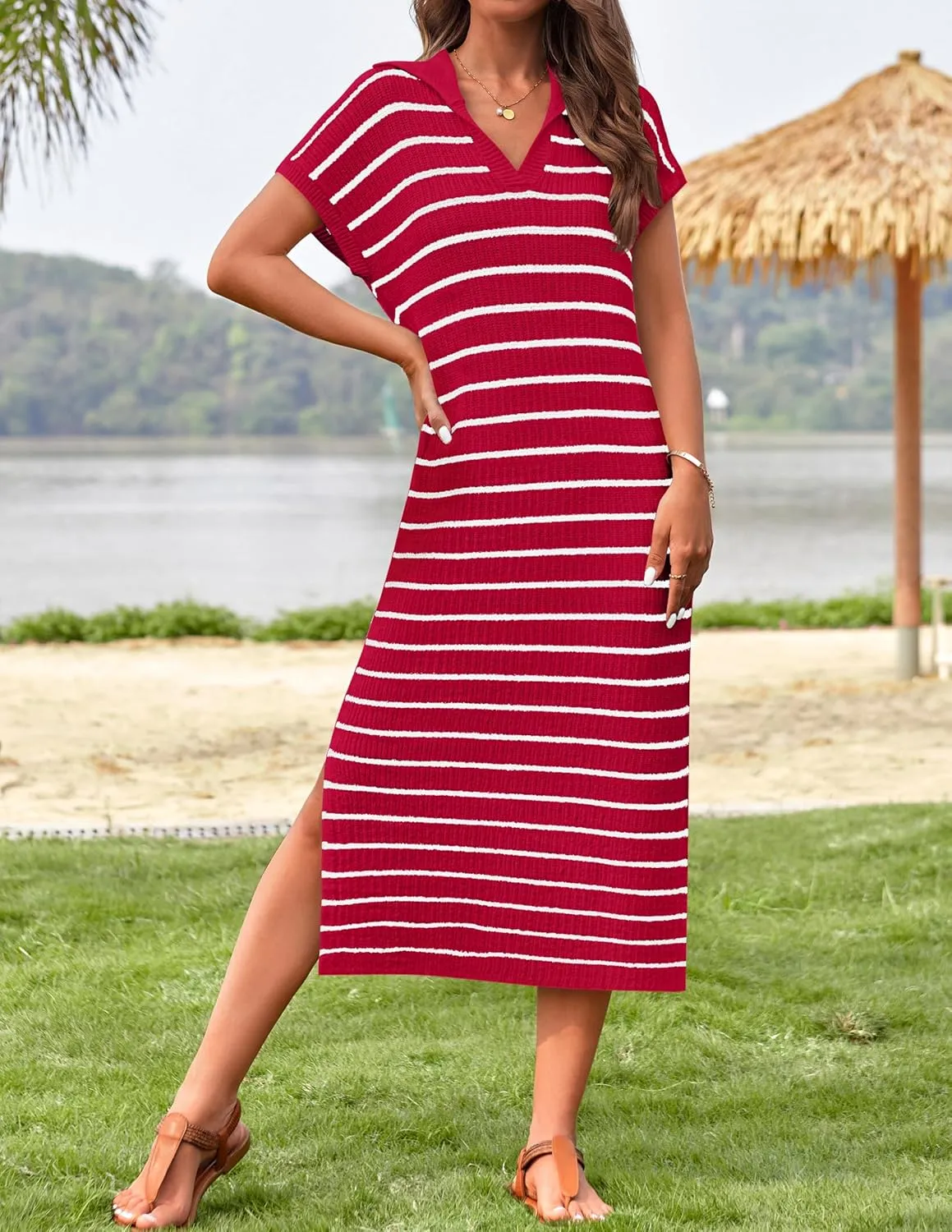 ZESICA Women's Summer Striped Midi Dress 2025 Casual Short Sleeve V Neck Loose Knitted Side Slit Long Sweater Dresses