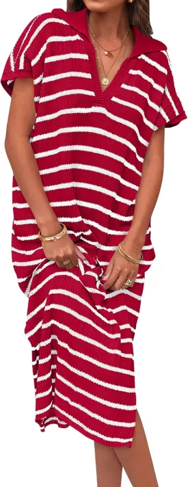 ZESICA Women's Summer Striped Midi Dress 2025 Casual Short Sleeve V Neck Loose Knitted Side Slit Long Sweater Dresses