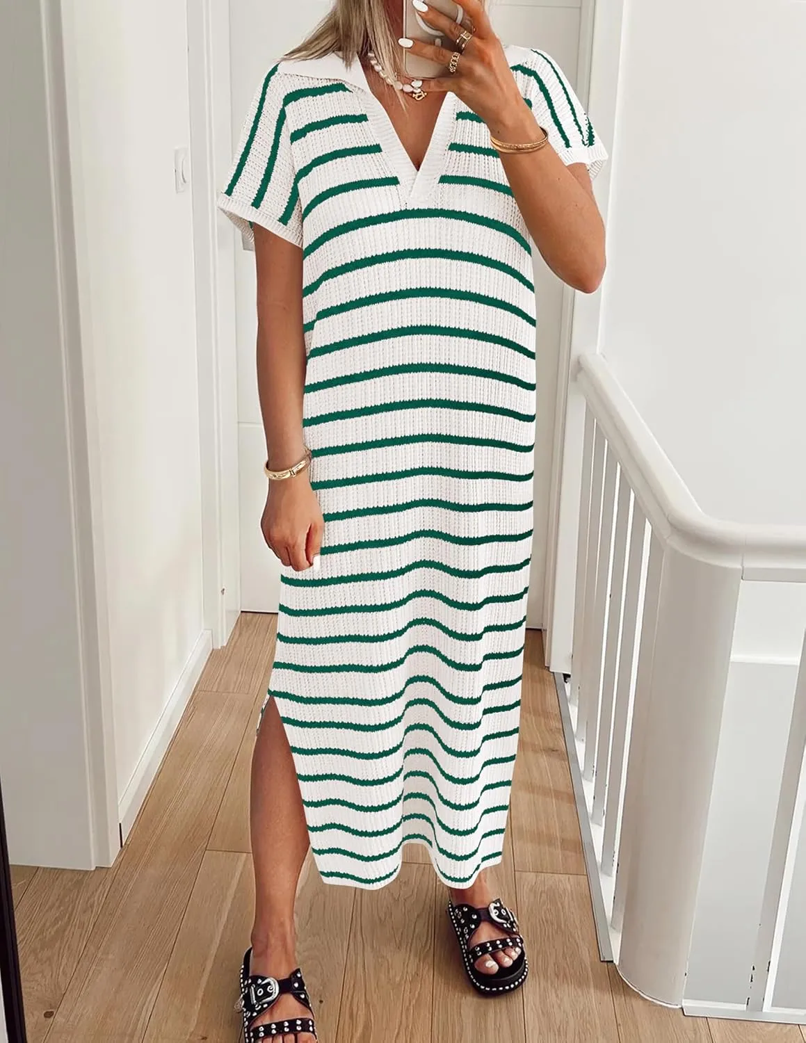 ZESICA Women's Summer Striped Midi Dress 2025 Casual Short Sleeve V Neck Loose Knitted Side Slit Long Sweater Dresses