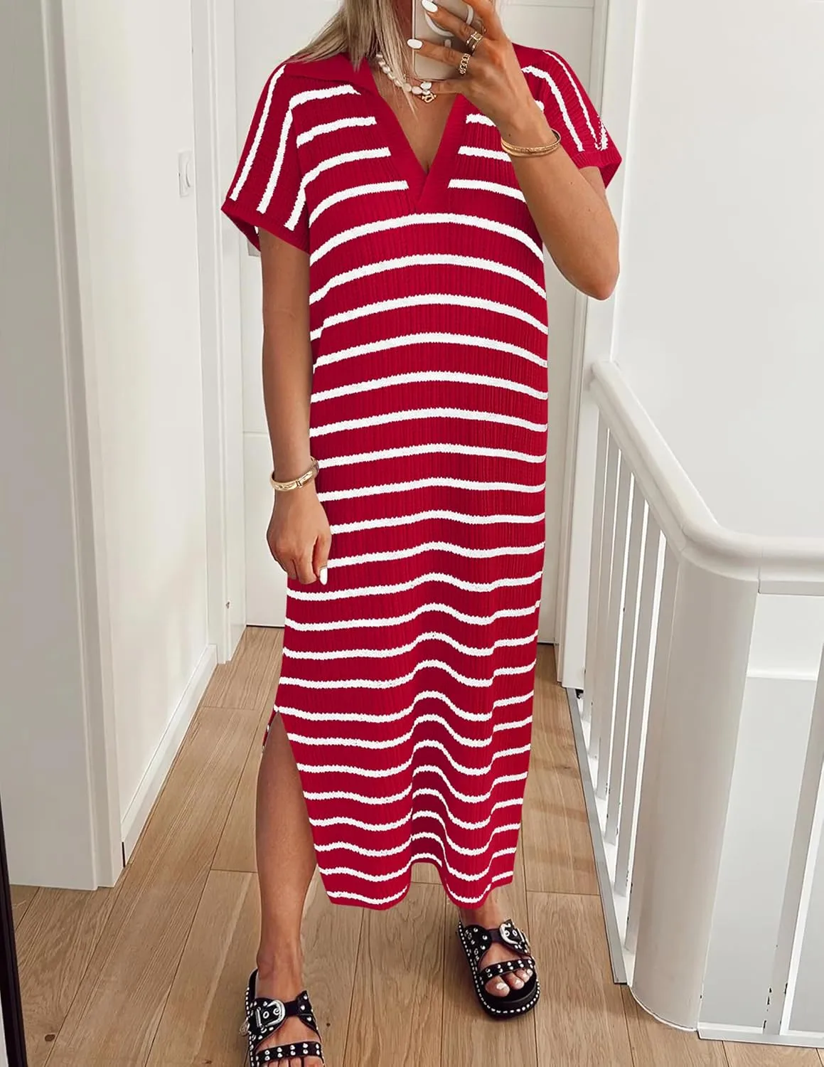 ZESICA Women's Summer Striped Midi Dress 2025 Casual Short Sleeve V Neck Loose Knitted Side Slit Long Sweater Dresses
