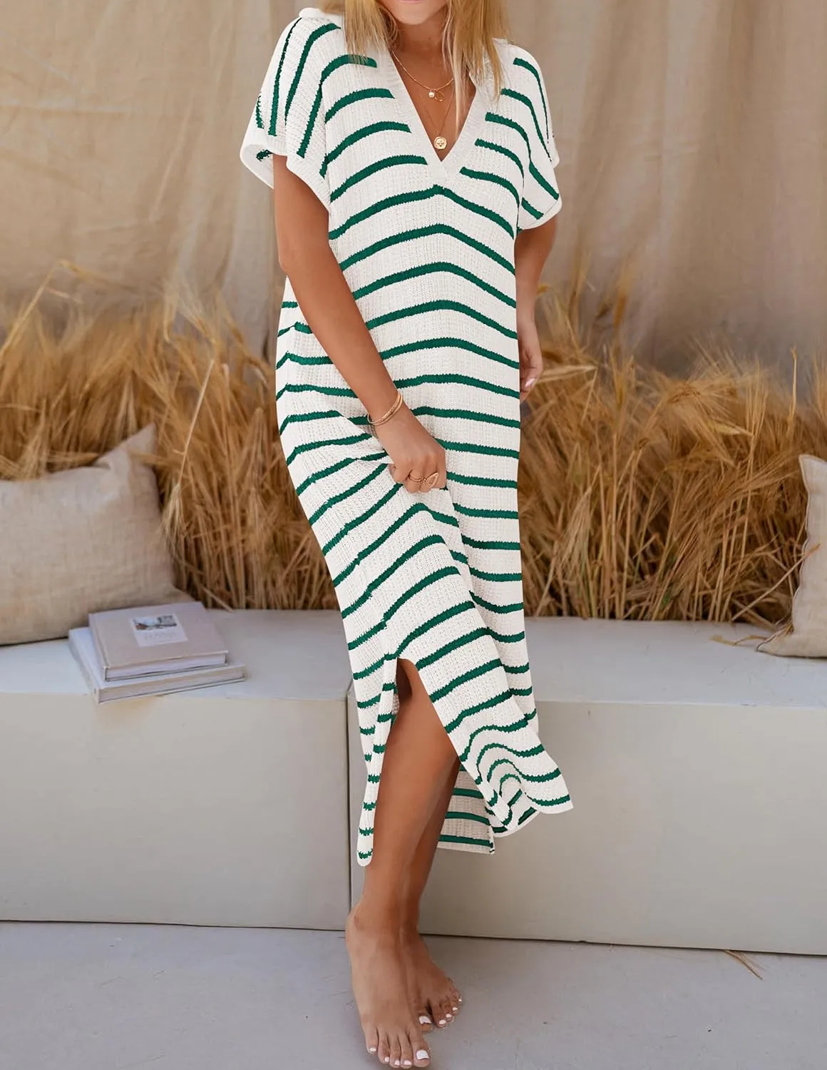 ZESICA Women's Summer Striped Midi Dress 2025 Casual Short Sleeve V Neck Loose Knitted Side Slit Long Sweater Dresses