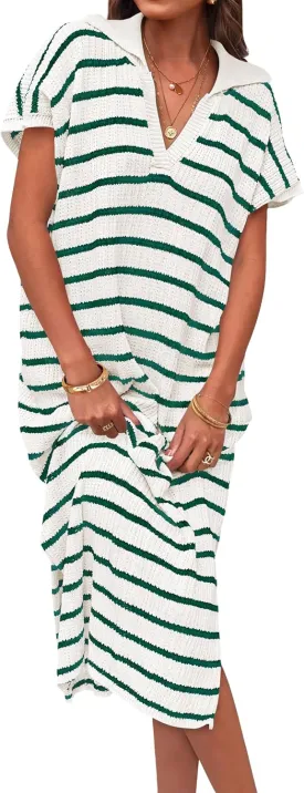 ZESICA Women's Summer Striped Midi Dress 2025 Casual Short Sleeve V Neck Loose Knitted Side Slit Long Sweater Dresses